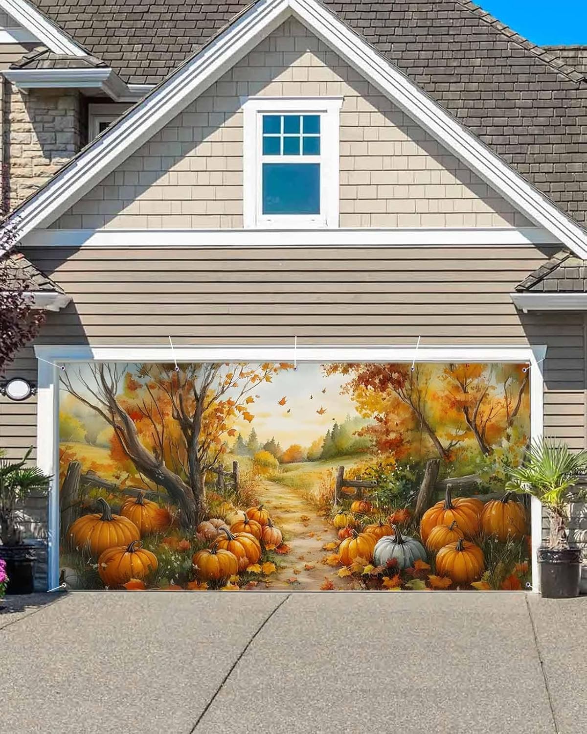 Fall Maple Leaves Garage Door Banner 6.9 x 8 ft Thanksgiving Pumpkins Garage Door Decorative Covers Holiday Decorations Rustic Farmhouse Photo Backdrop Large Outdoor Hanging Sign for Party Home Decor