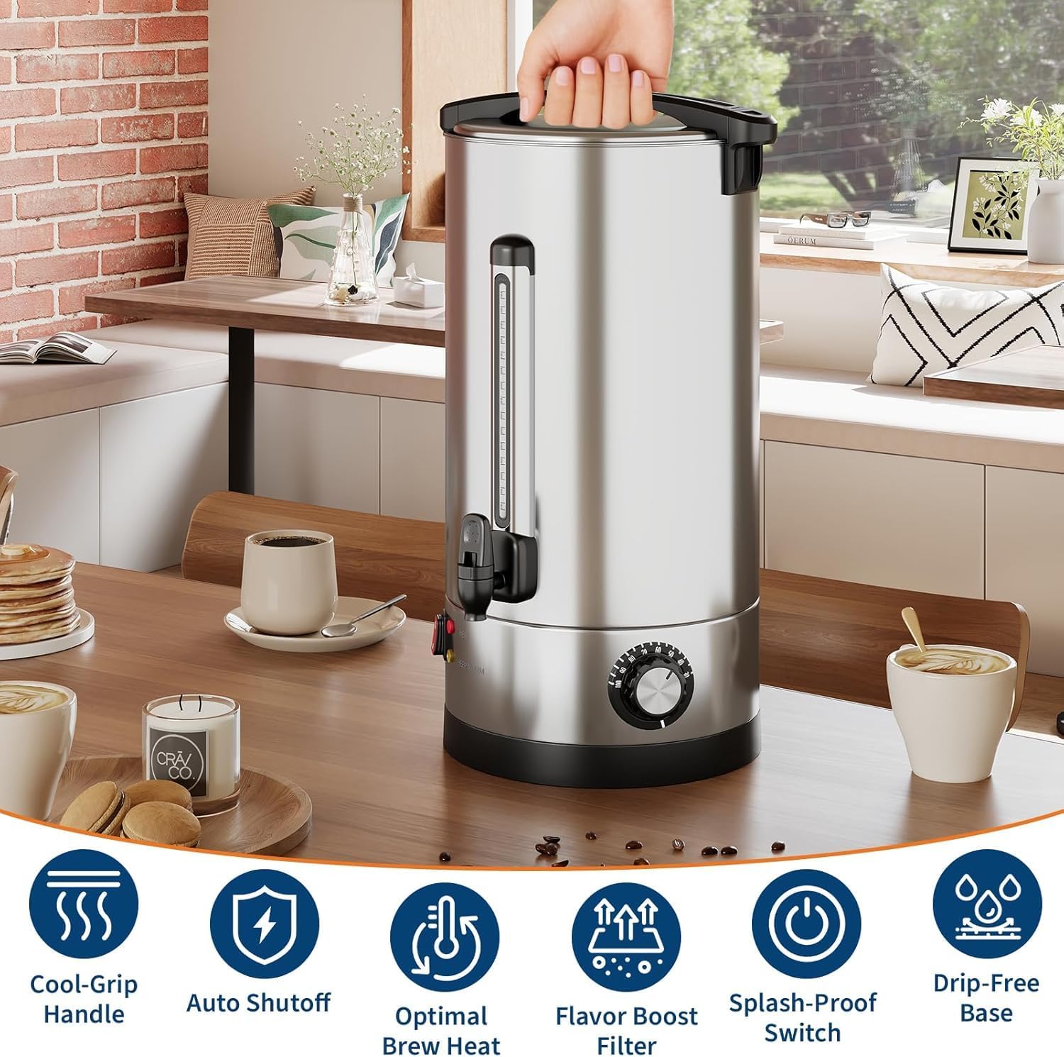 70 Cup Commercial Coffee Urn,10l / 2.6Gal Double Wall Insulation Coffee Dispenser,Stainless Steel Large Hot Beverage & Water Dispenser with Automatic Temperature Control for Buffets