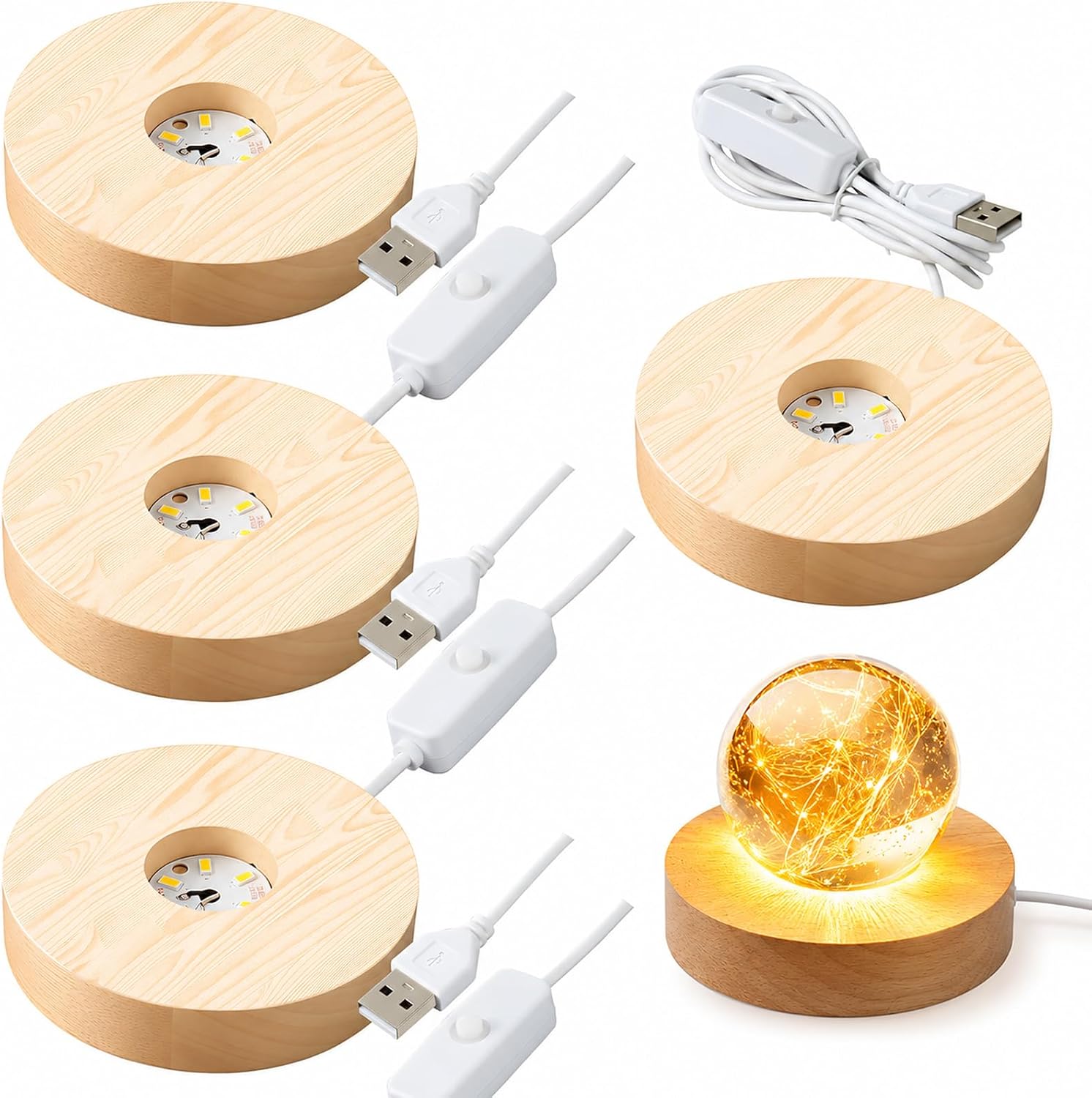 8 Pack Wooden LED Light Display Base with Switch, 3.9” Round Warm Light Stand for Crystal Glass Ball Figurine, USB Powered Lighted Holder for Resin Crafts, Art Decoration