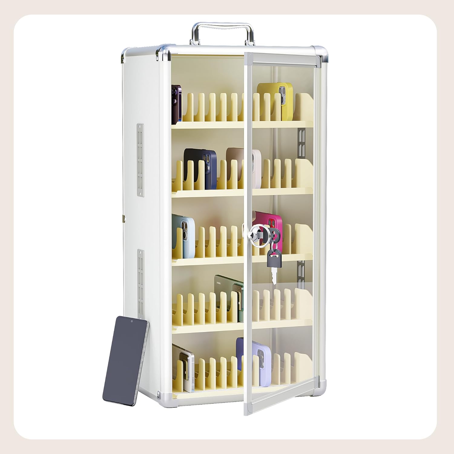 lesolar Upgraded 60 Slots Cell Phone Locker with PVC Compartment and Side Ventilation Holes, Aluminum Alloy Cell Phone Storage Cabinet, Wall Mounted Cell Phone Holder with Handle for Classroom Office