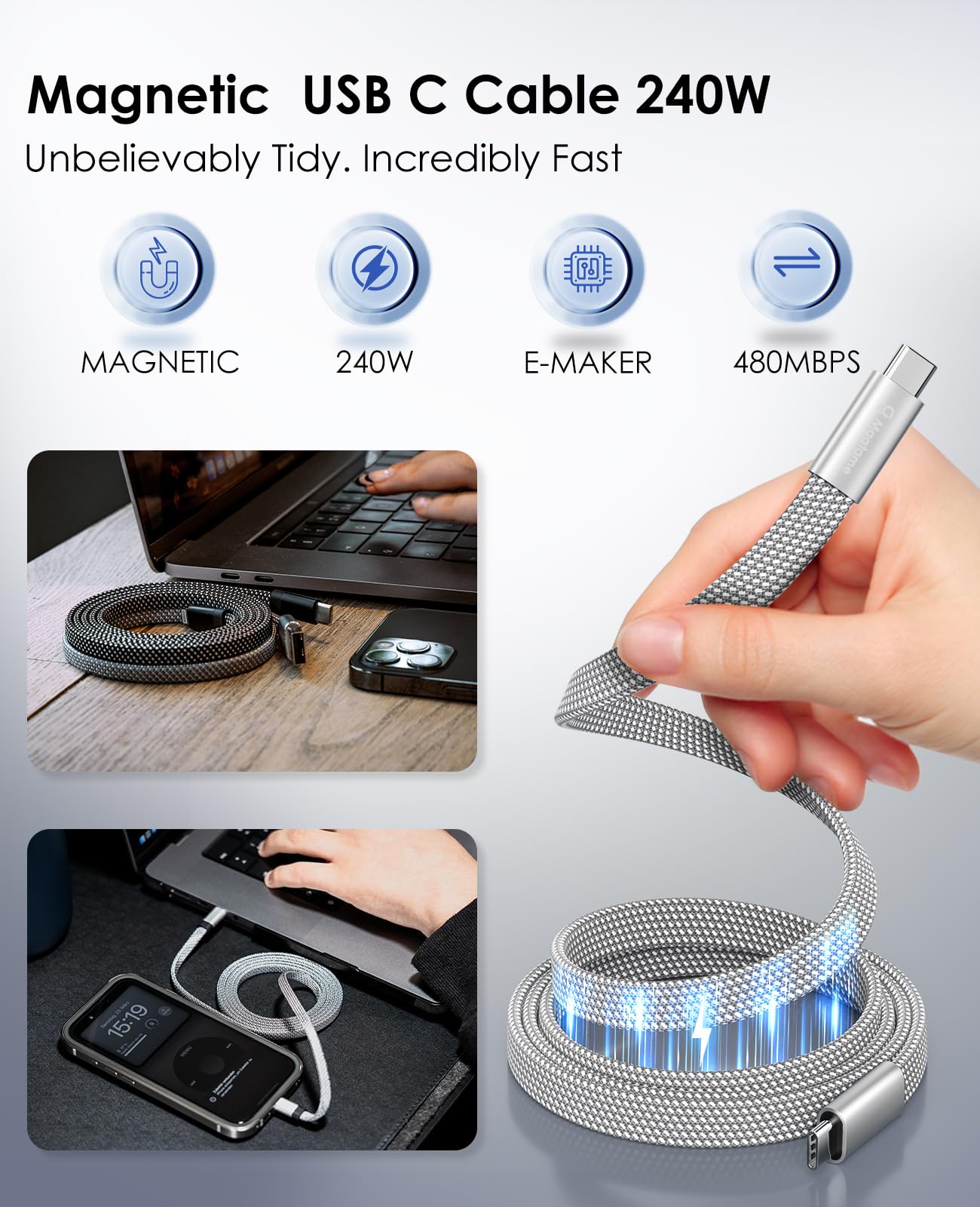 Magtame Cavo di ricarica USB C, 240 W, cavo di ricarica magnetico di tipo C, 1 m cavo da USB C a USB C, cavo di ricarica rapida tipo C, in nylon intrecciato, compatibile con Samsung Galaxy