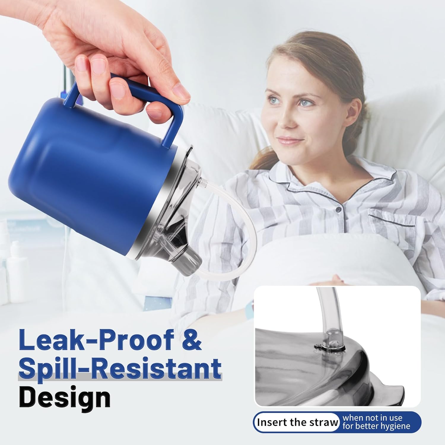 Adult Sippy Cup, 14oz Spill Proof Cup with Straw for Elderly, 3 in 1 Stainless Steel Sippy Cup with 2 Lids, No Spill Feeding Cups for Patient Disabled Maternity Drink Water Milk Soup - Blue - Image 3