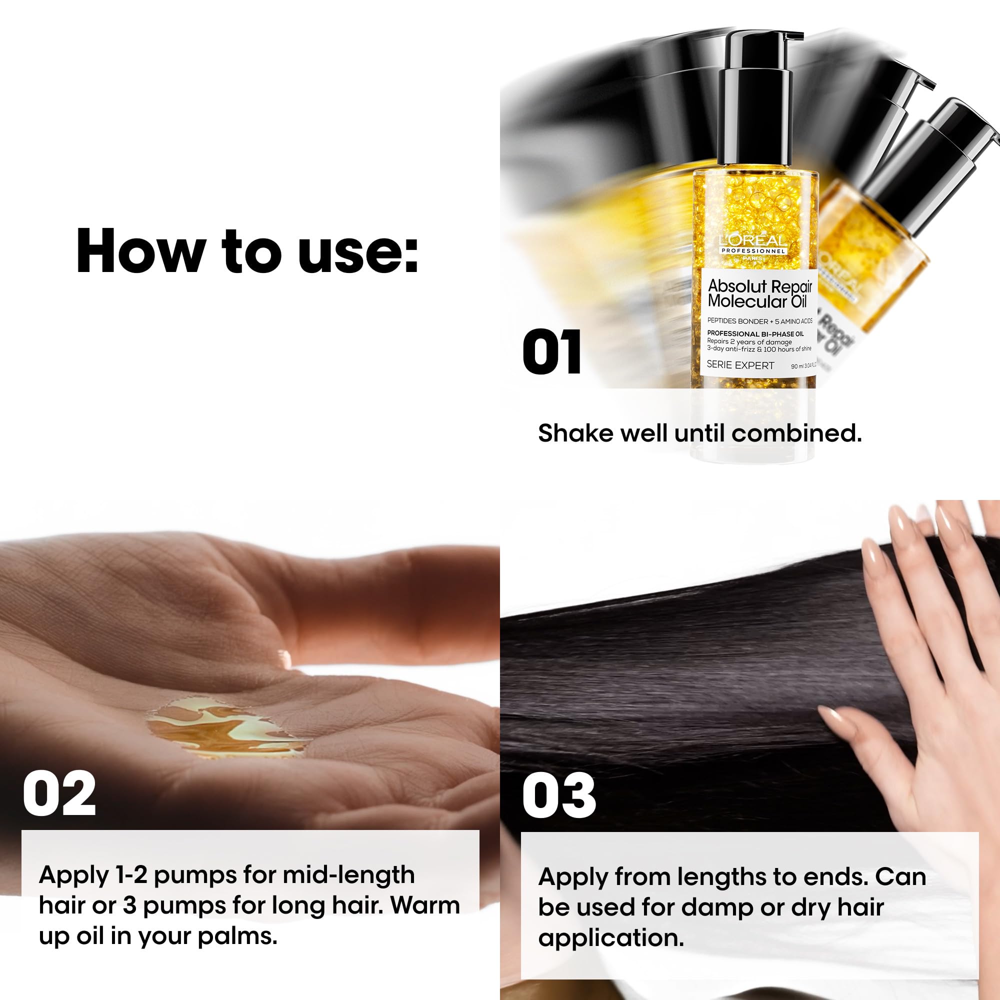 L'OREAL PROFESSIONAL - Absolut Repair Molecular dwufazowy olejek do włosów - usuwanie bez spłukiwania - naprawia 2 lata uszkodzeń - +125% połysku - włosy suche i zniszczone - 90 ml