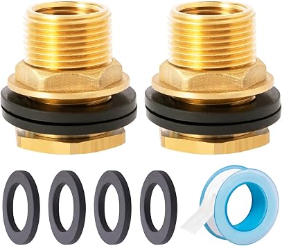 SUNGATOR 2-Pack 1/2" Female 3/4" Male Water Tank Connector, Solid Brass Bulkhead Fitting Connector with Extra 4 Rubber Rings and 1 Sealing Tape