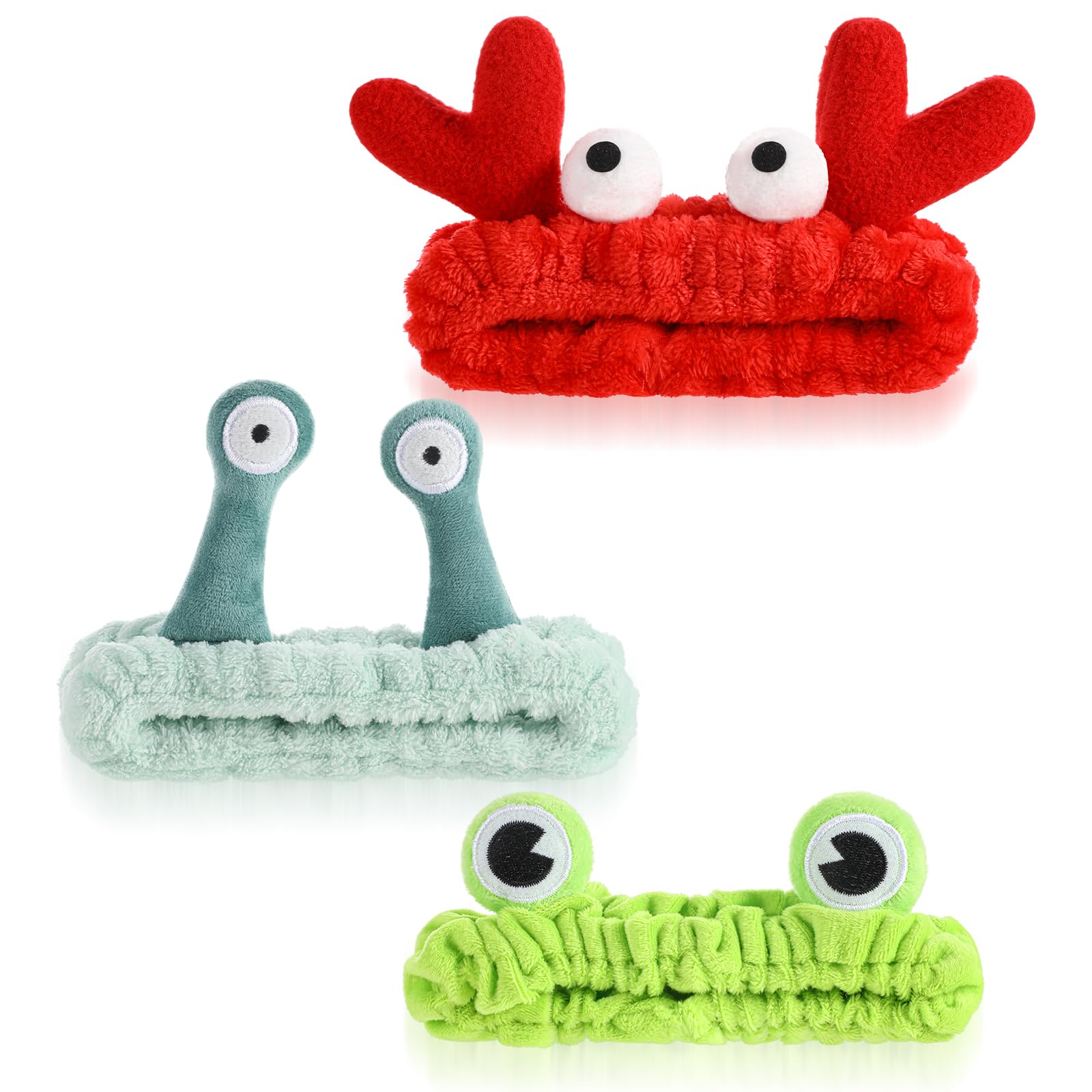3Pcs Face Wash Headband Cute, Soft Spa Headband for Washing Face, Coral Fleece Elastic Frog Crab Snail Head Band, Cartoon Makeup Headbands for Women, Fun Face Wash Headbands for Women Skincare Shower Crab/Frog/Snail