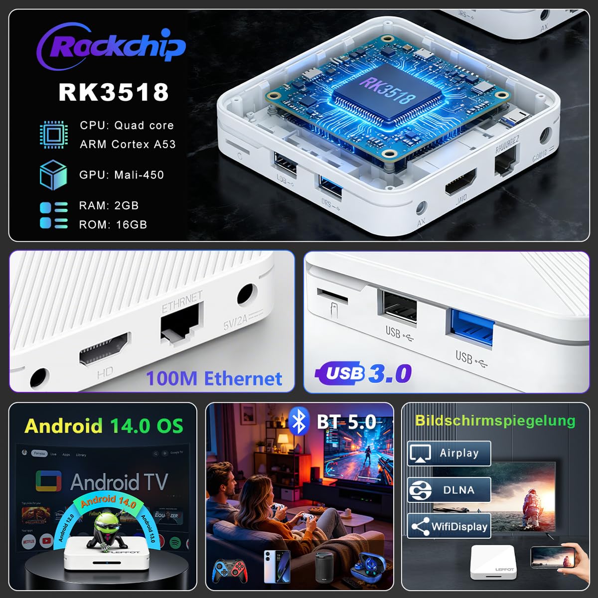 Android 14.0 TV Box 2026, LEFFOT 4K UHD TV Streaming Box, 2GB RAM 16GB ROM | IP-TV Box, Unterstützung Sprachsteuerung, 2.4G & 5G WiFi 6, BT 5.4, USB 3.0, 100M Ethernet, RK3518 Quad-Core A53