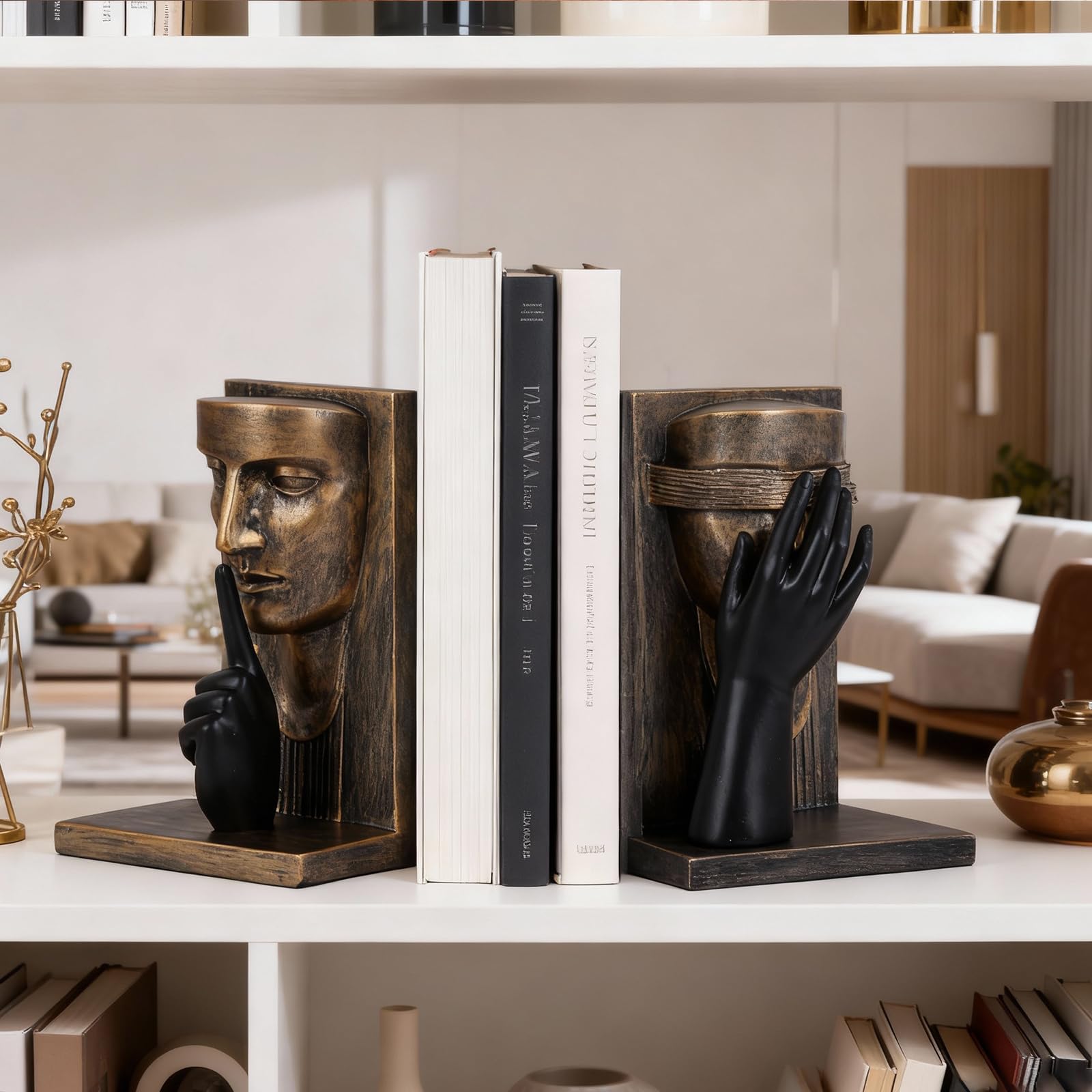 Set di 2 fermalibri con scultura astratta, stile moderno, nero e oro, statue decorative uniche per libreria, casa, ufficio e biblioteca (oro nero)
