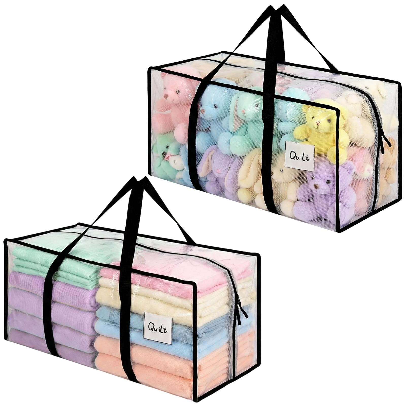 Dntorx 2 Stück 90L Aufbewahrungstasche, Heavy-Duty Umzugstaschen Transparente Umzugskartons Große mit Reißverschluss Griff Faltbar Aufbewahrungsbox für Umzug Camping Bettwäsche Kleidung Aufbewahrung