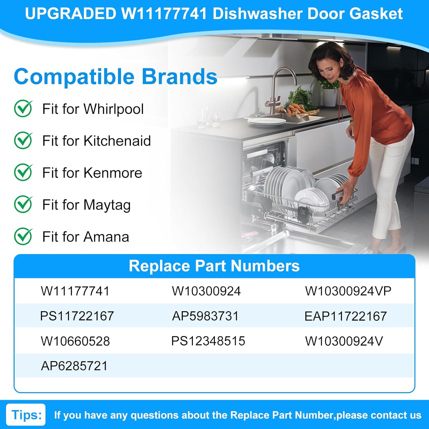 UPGRADED W11177741 Dishwasher Gasket Door Seal Compatible with Whirlpool Maytag KitchenAid Kenmore Dishwasher Parts Replacement W10300924 W10660528 W10300924V WDT750SAHZ WDTA50SAHZ Door Seal