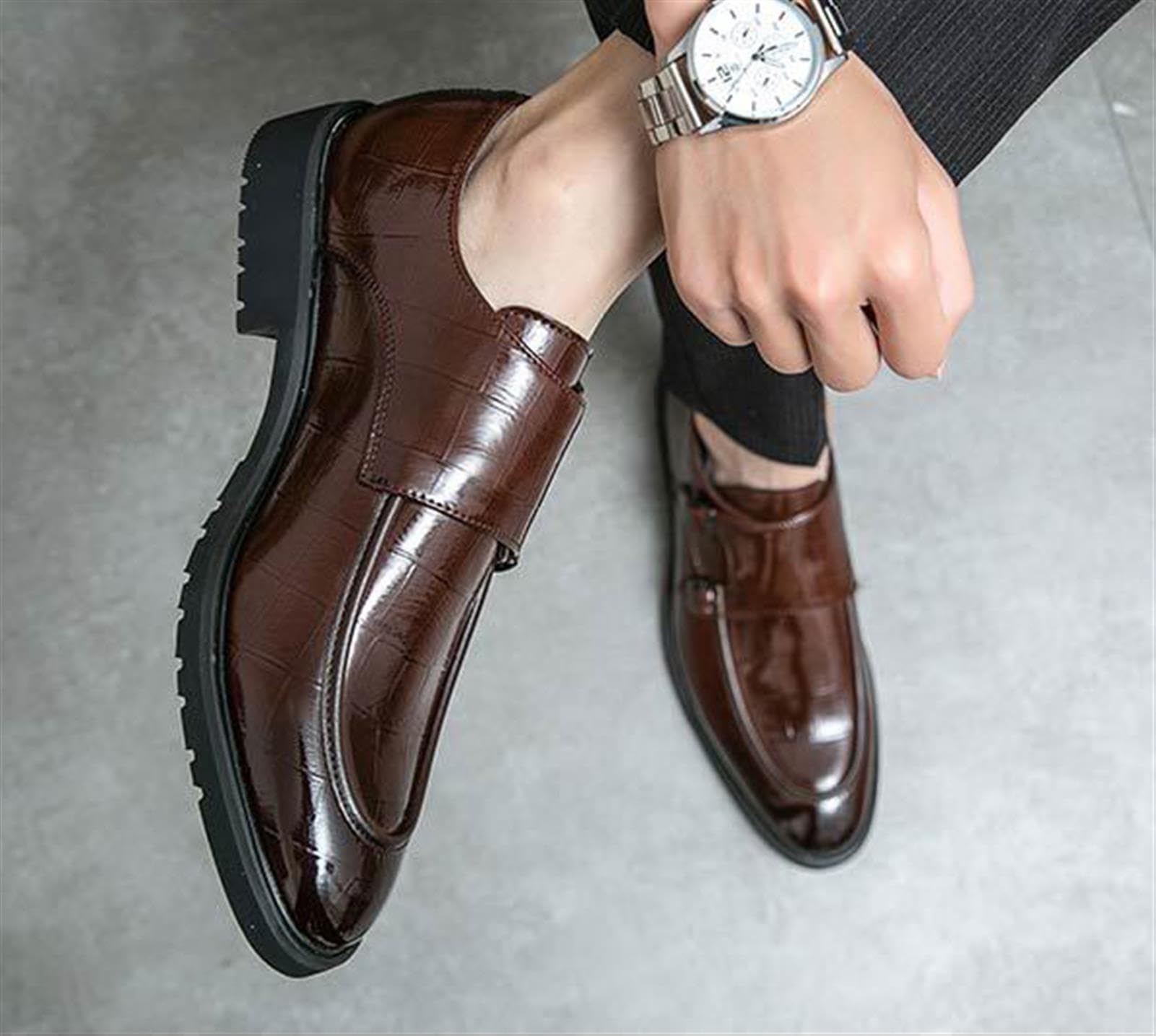 Zapatos de Doble Hebilla para Hombre Piel Charol Estampado Cocodrilo Zapatos de Vestir Mocasines Elegantes para Boda Negocios