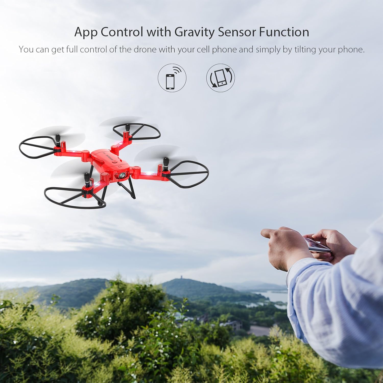 GoolRC T32 Drone being controlled via app with gravity sensor