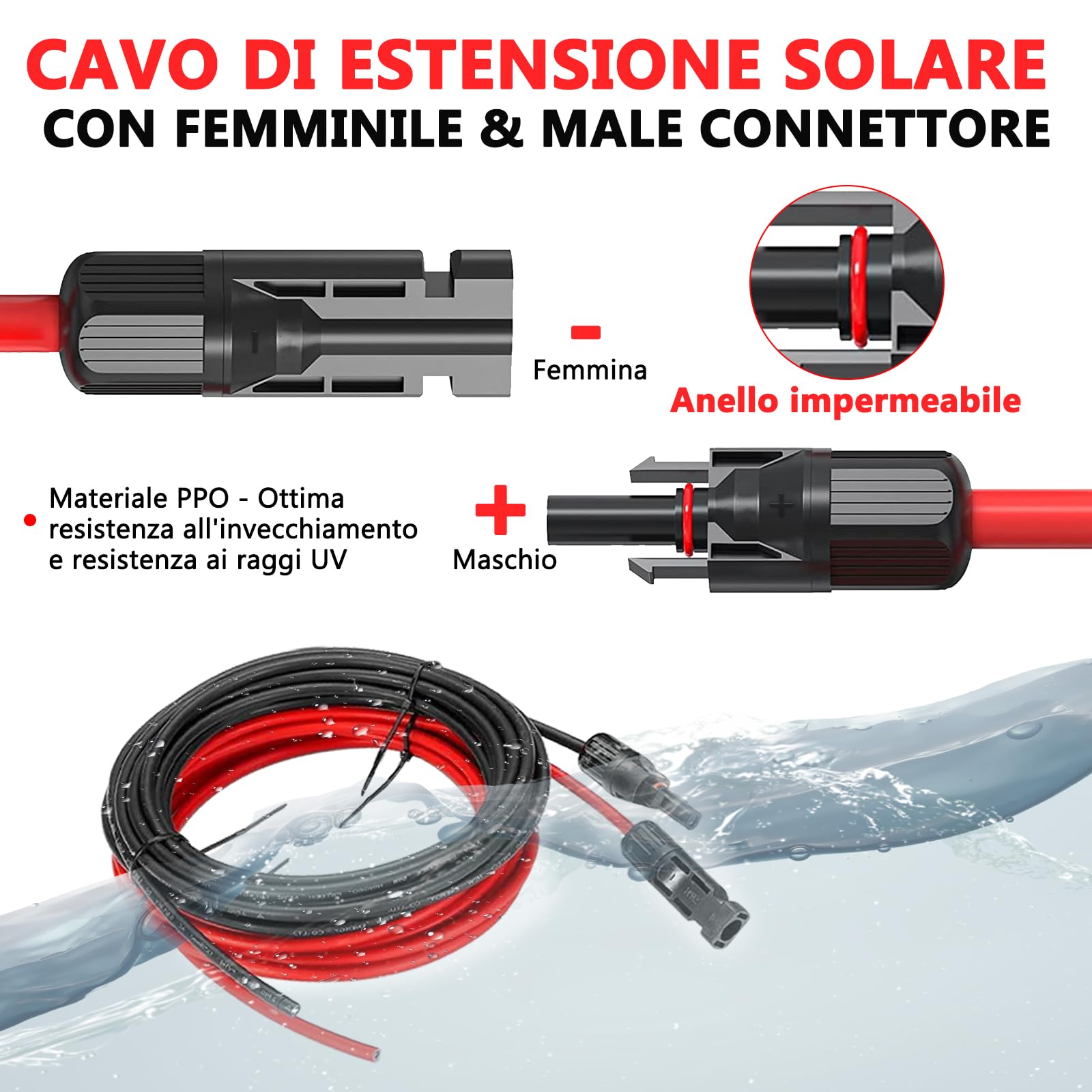 Oududianzi Cavo Solare 6mm2 5m, 1/2/3/5/10/15/20/30m Prolunga Cavo Pannello Solare, Cavo Fotovoltaico 6mmq, Cavo Solare 6mmq per Pannello Fotovoltaico (5m Rosso+5m Nero)
