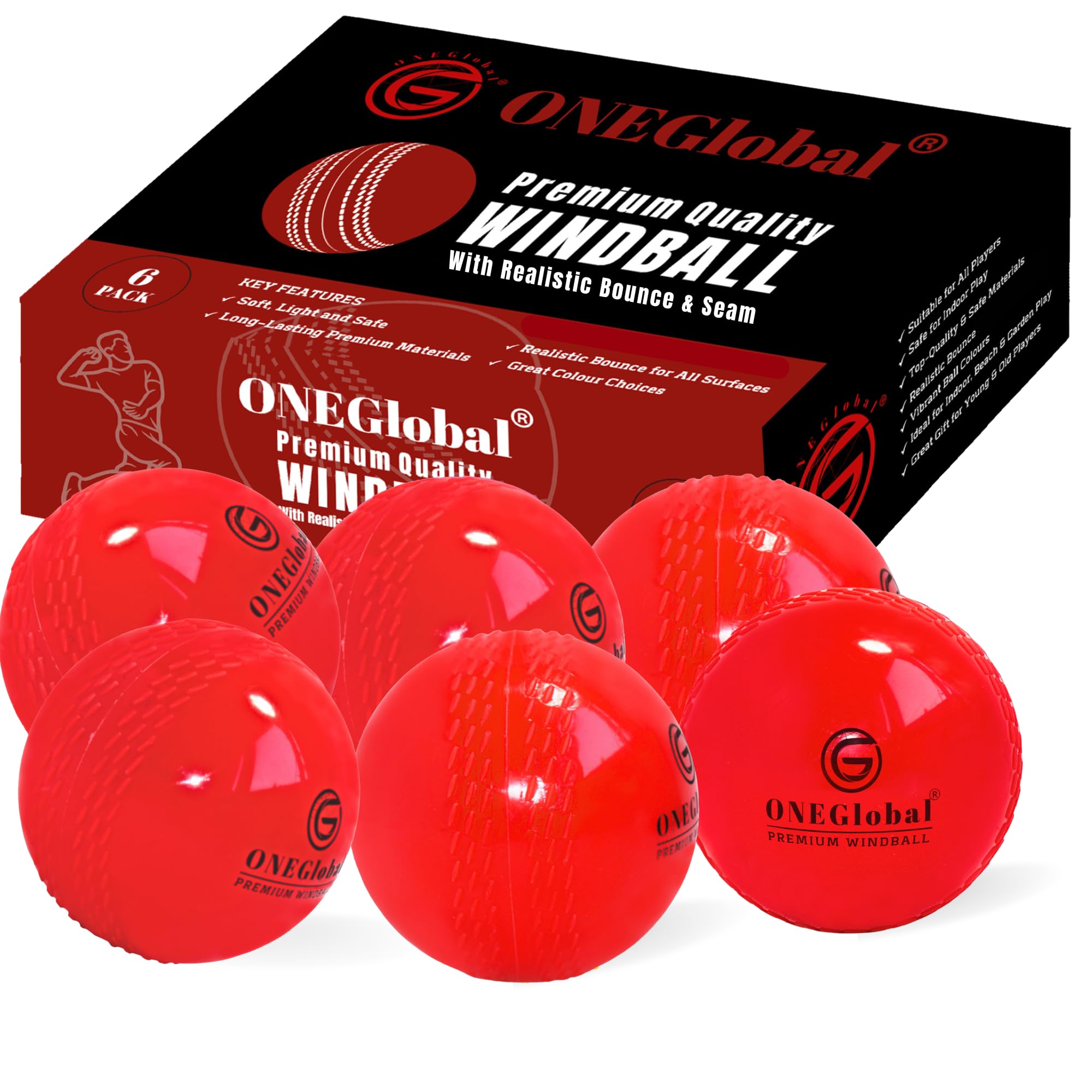 ONEGlobal Premium Windball Soft Cricket Ball | Durable, Embossed Seam, True Bounce & Swing | Wind Ball Cricket Balls for Outdoor & Indoor Practice, Coaching, Garden & Beach Games (6-RED) — image 1