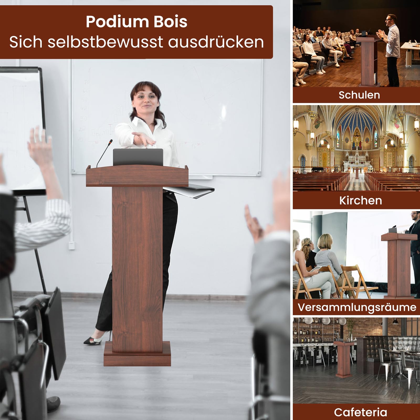 uyoyous Podium stehend, aus Holz, Präsentationspodium, Kirchenstuhl, Stehpult, tragbar, für Klassenzimmer, Büro, Konferenz, Esszimmer, Empfang, 60 x 40 x 120 cm