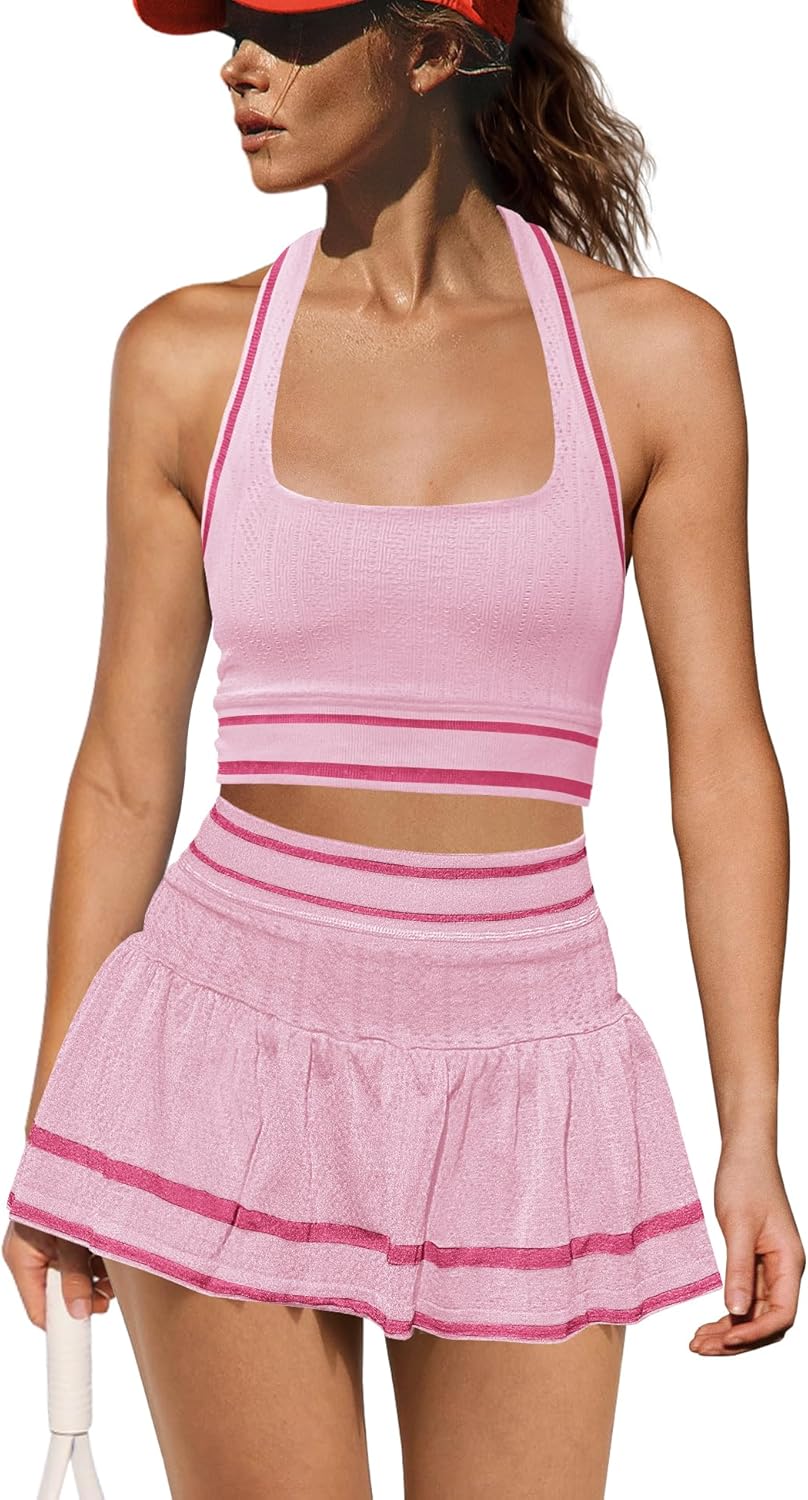 LAMISSCHE Tennis Skirt Sets Women 2 Piece Outfits Summer Yoga Skort Set Seamless Halter Top and Skirt with Pockets - Image 3