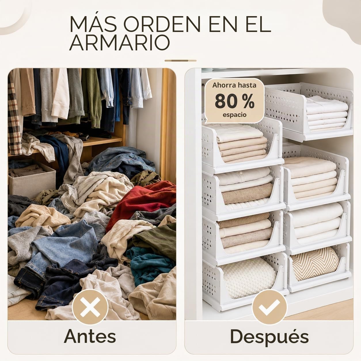 RMAN 3 pcs Cajas Almacenaje Cajones Extraíbles Plástico Blanco | Apilable, Plegable, Para Ropa Cocina Dormitorio Baño, Organizador Armario