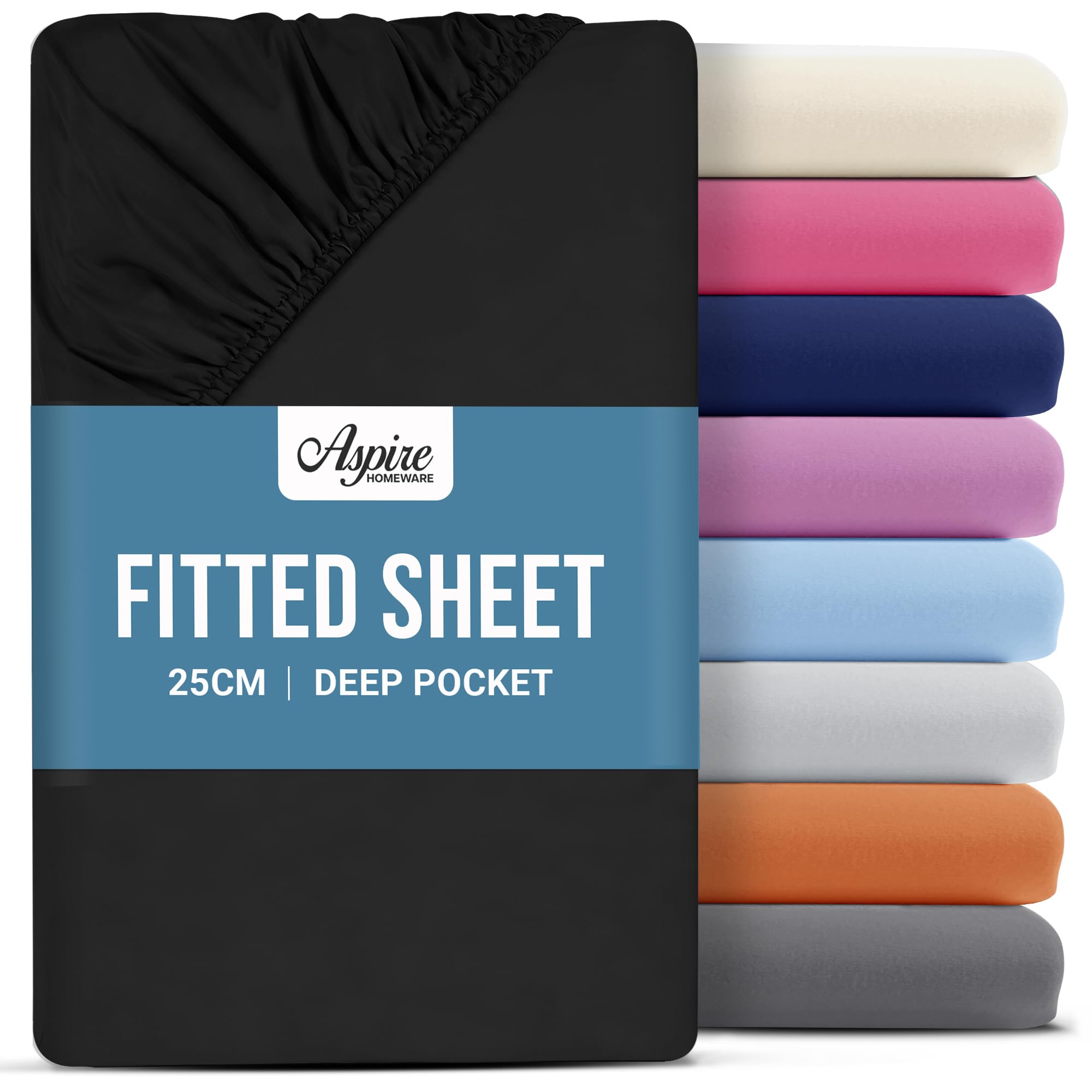 Aspire Homeware Black Double Fitted Sheet - 25 Cm Deep Hotel Quality (Black) Bed Sheets - Soft & Breathable Fitted Bed Sheets Double - Anti-Wrinkle Easy Care Fitted Sheets