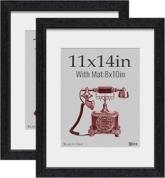 VCK 11x14 Picture Frame 2 Pack Natural Black Oak Wood Grain with HD Glass Displays 8x10 with Mat or 14x11 photo without Mat Tabletop & Wall Hanging