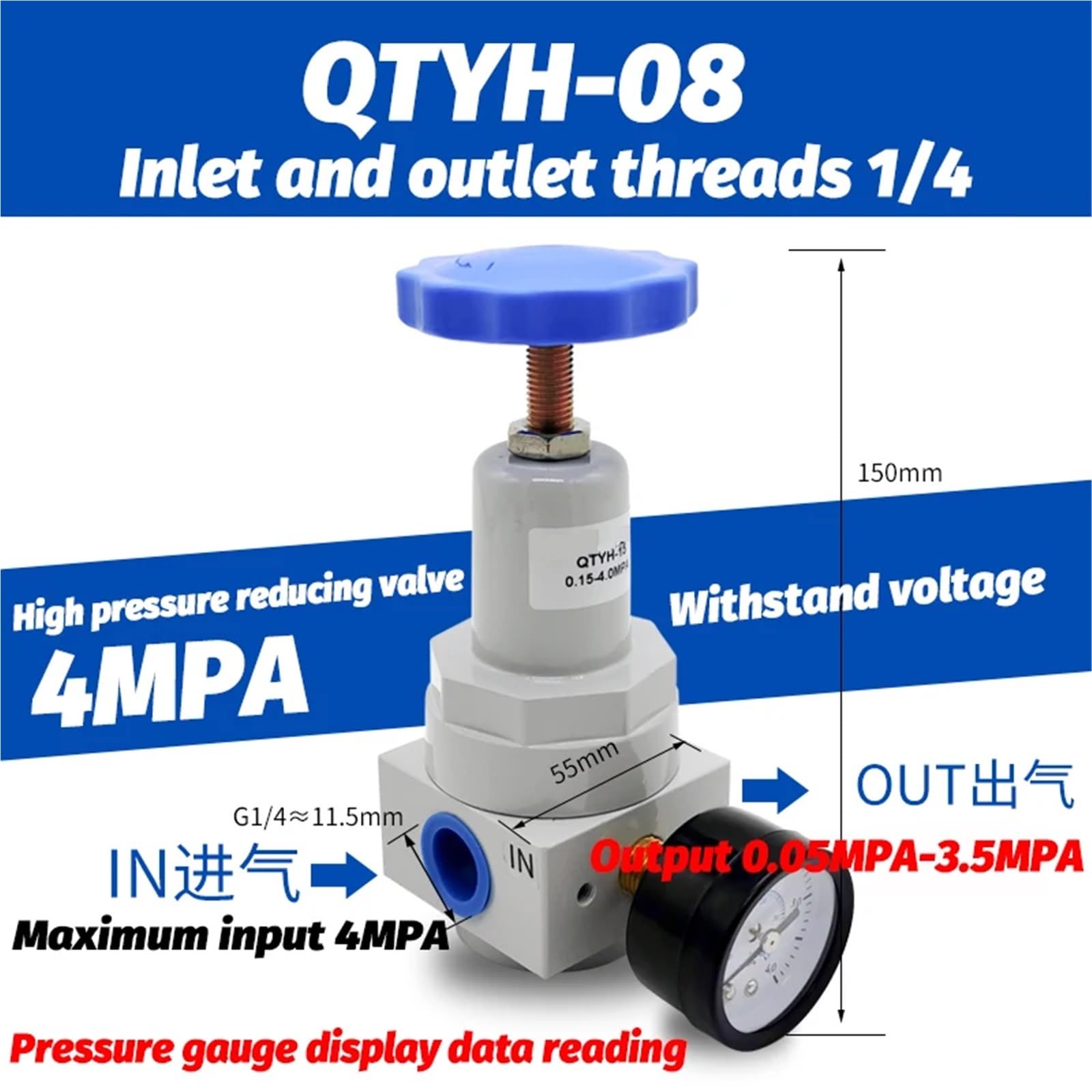 Regulador de aire de presión neumática de 0 a 40 bar con puerto de manómetro de 1/4, 3/8, 1/2, 2 pulgadas, BSP de 1/2", cantidad: 08, 10, 15, 20, 25, 32, 40, 50(QTYH-08)