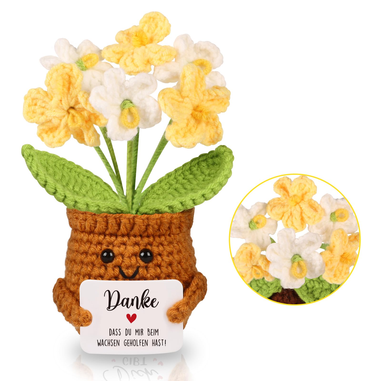 WenmthG Kleines Dankeschön Geschenk Glücksbringer Gehäkelte Gelbe Blume für Frauen Freunde Kollegen Abschied Ruhestand Weihnachts Papa Mama Oma Opa Pocket Hug Blume Positive Kartoffel Deutsch Ersatz