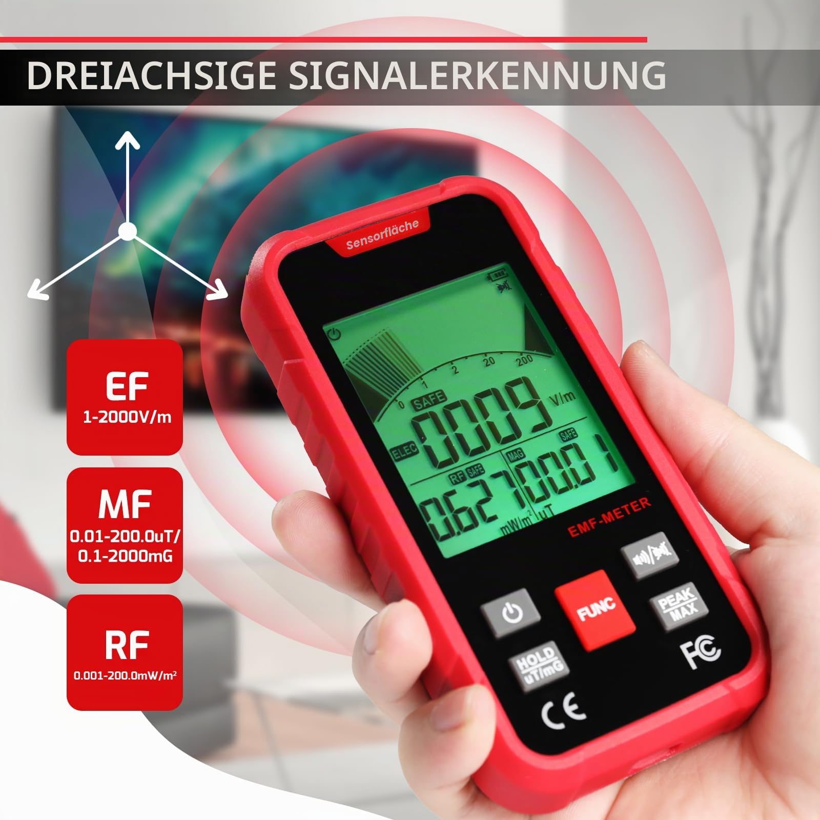EMF Meter Digital 3in1 Elektrosmog Messgerät misst EF, RF, MF und WiFi Signal Wiederaufladbarer RF Detektor mit 3-Farben Hintergrundbeleuchtung & Summer Handheld EMF Detektor für Geisterjagd, Haushalt