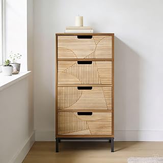 Chest of Drawers, Wooden Bedroom Storage Organiser, Geometric Paulownia Veneer, Metal Legs, 4 Drawer
