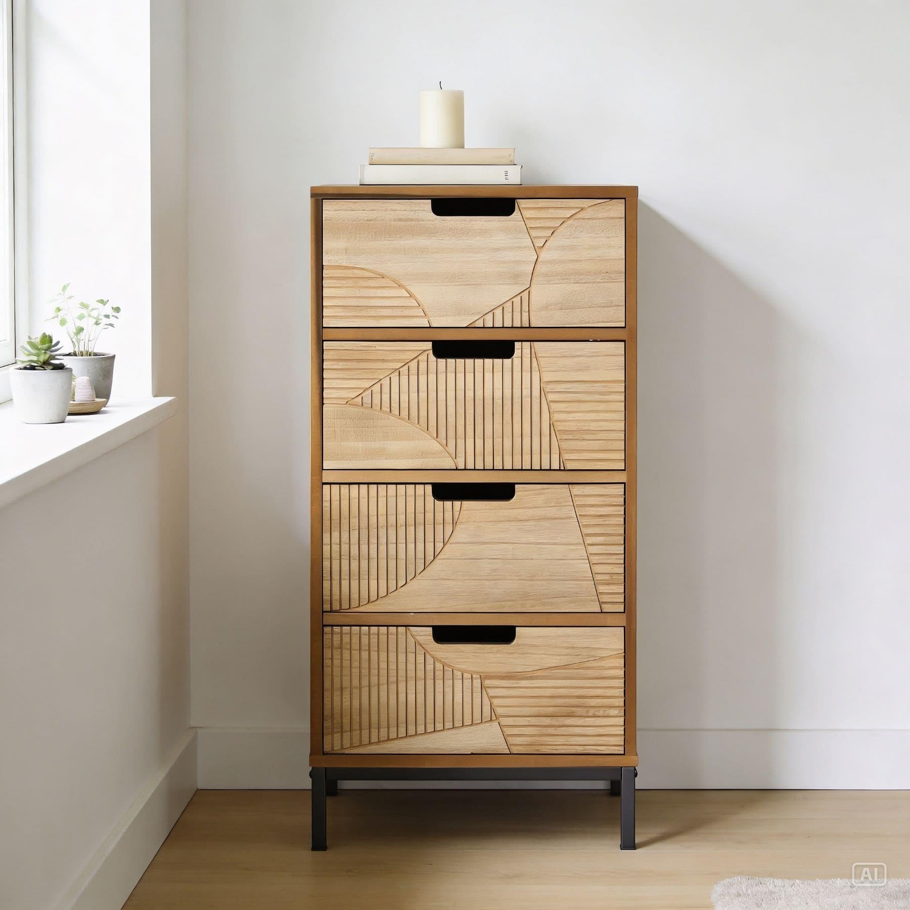 Home Source Chest of Drawers, Wooden Bedroom Storage Organiser, Geometric Paulownia Veneer, Metal Legs, 4 Drawer