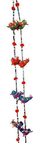 Pájaros decorativos de algodón para colgar en la puerta, en colores vibrantes, con cuerdas y campana, 5 pájaros Campana Tota tradicional india,