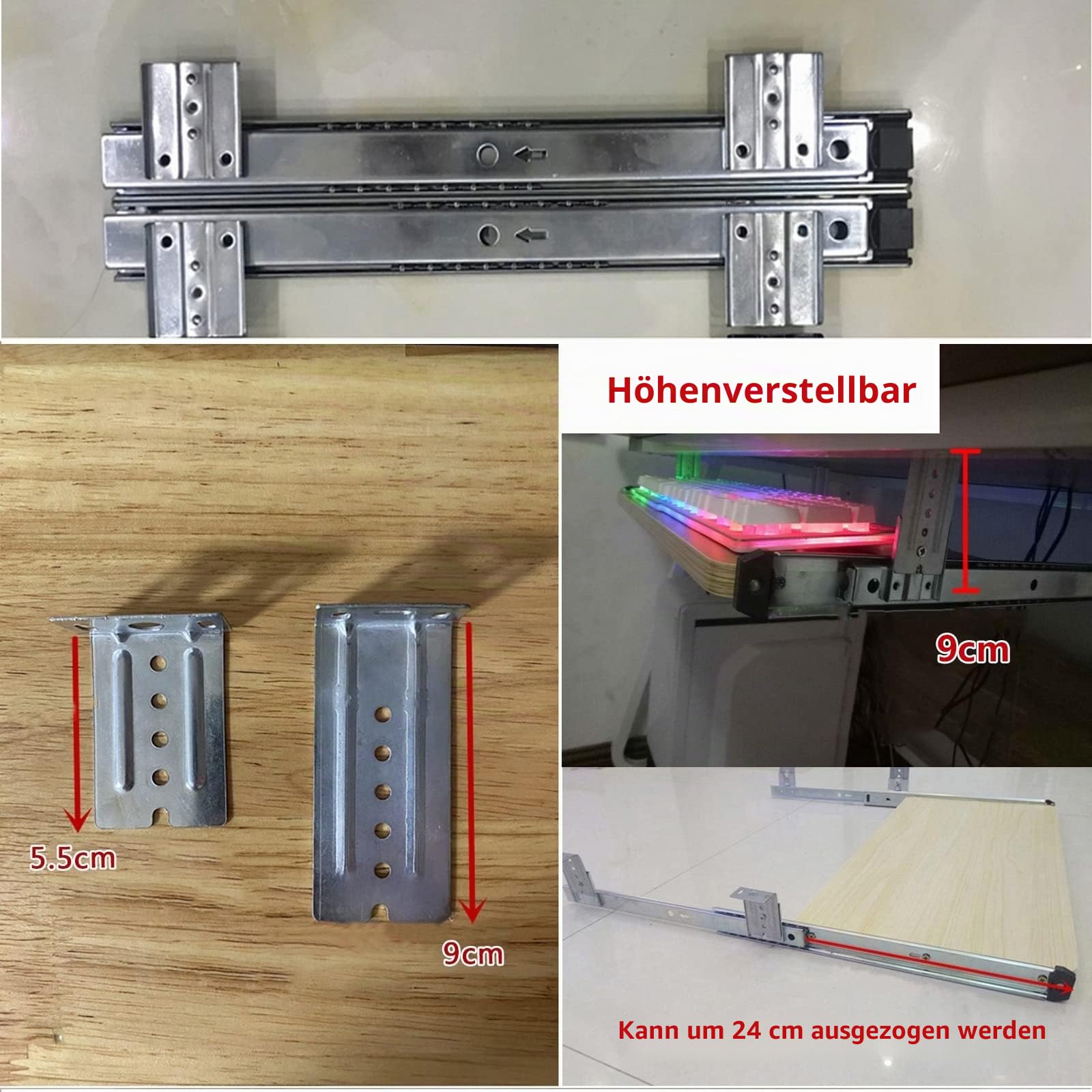 Verschiebbares Tastaturregal unter dem Schreibtisch, Tastaturablage – aus Metallschienen und Holzablage – 54 60 70 cm Mausplattform – für Zuhause, Büro, Schule, Garage, Computerschubladen-Or