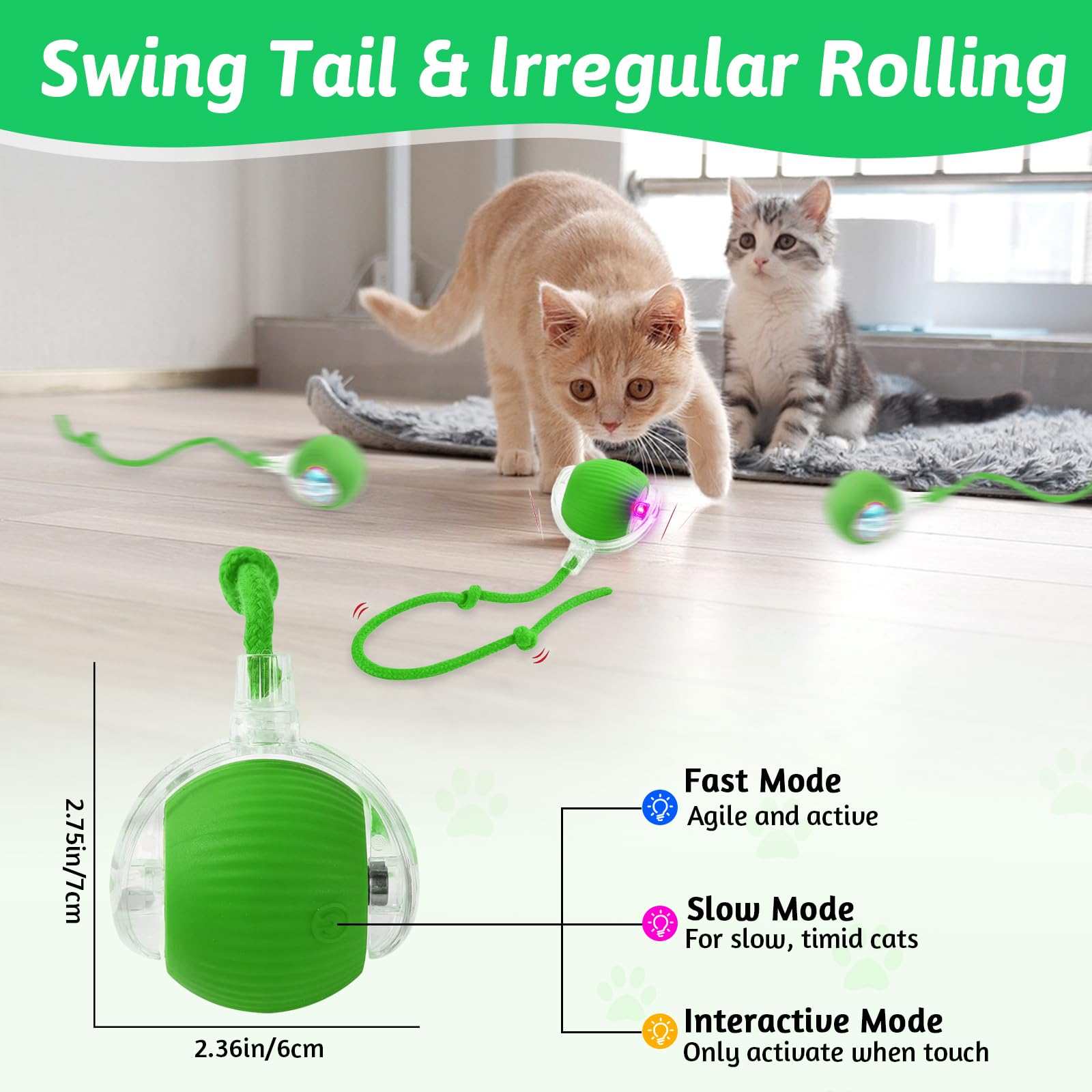 Yozexin Chewie Viral Interactive Cat Dog Smart Ball Toy, 360° Automatic Rolling for Large Small Cats & Dogs (Green) - Image 2