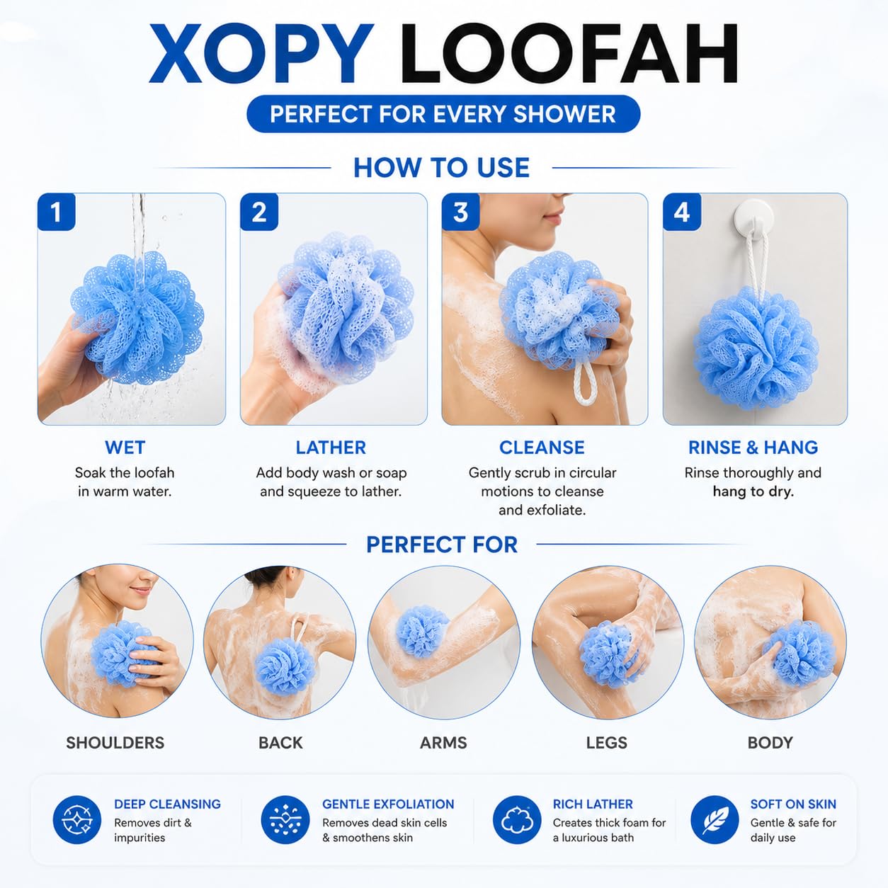 XOPY 2 in 1 Combo of Silicone Back Scrubber Belt with Long Handle and Mesh Bath Loofah Pouf, for Men & Women 4