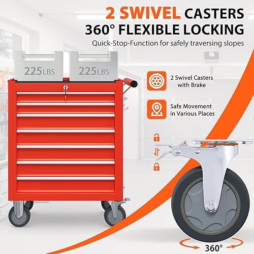 Vista 3 de Cofre de herramientas con 7 cajones con ruedas, caja de herramientas con 4 ruedas y cajones, gabinete de almacenamiento de herramientas móvil