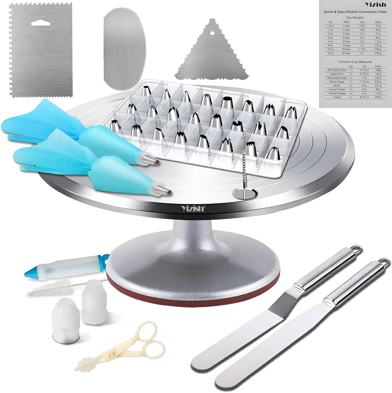 Cake Turntable Aluminum Alloy with Nozzles Piping Tips Set, 12" Rotating Cake Stand Decorating Kits with Stainless Steel Icing Spatula (2pcs) and Smoother (3pcs) for Baking, Pastries and Cupcakes