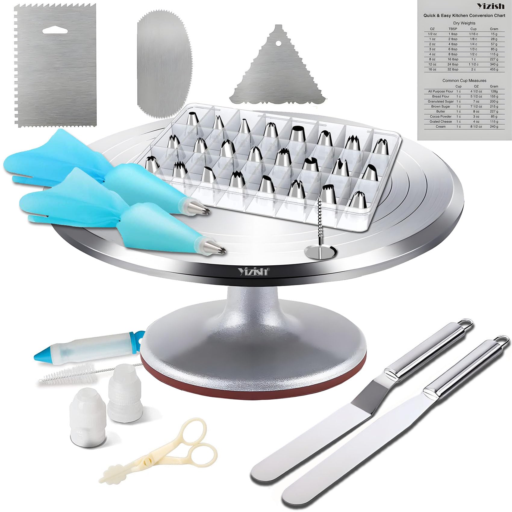 Yizish Cake Turntable Aluminum Alloy & Piping Bags and Nozzles Set, Rotating Cake Stand Decorating Kits with Stainless Steel Cake Spatulas and Scrapers for Baking, Pastries and Cupcakes, Gift Set