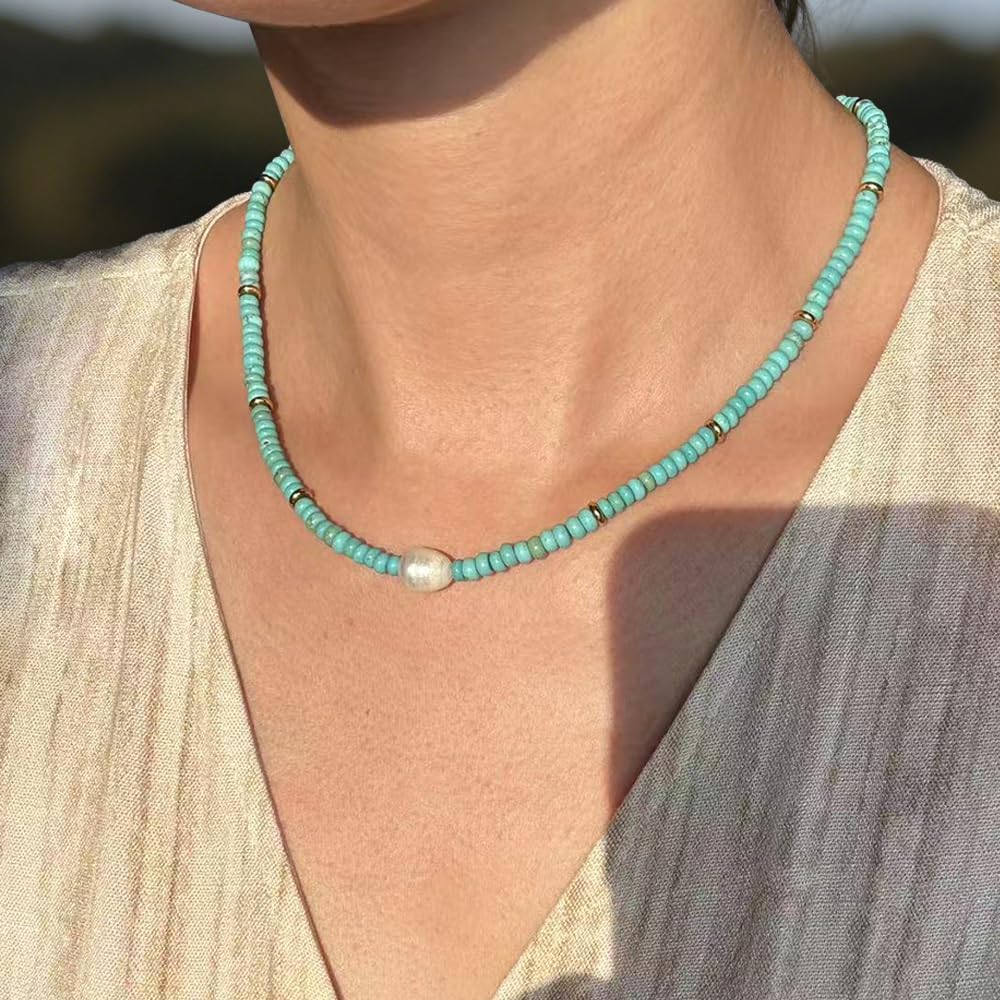 Beaded Necklaces for Women Gemstone Necklace with Freshwater Pearl Crystal Beaded Necklace Natural Stone Summer Beach Bead Choker Boho Necklaces for Women - Image 4