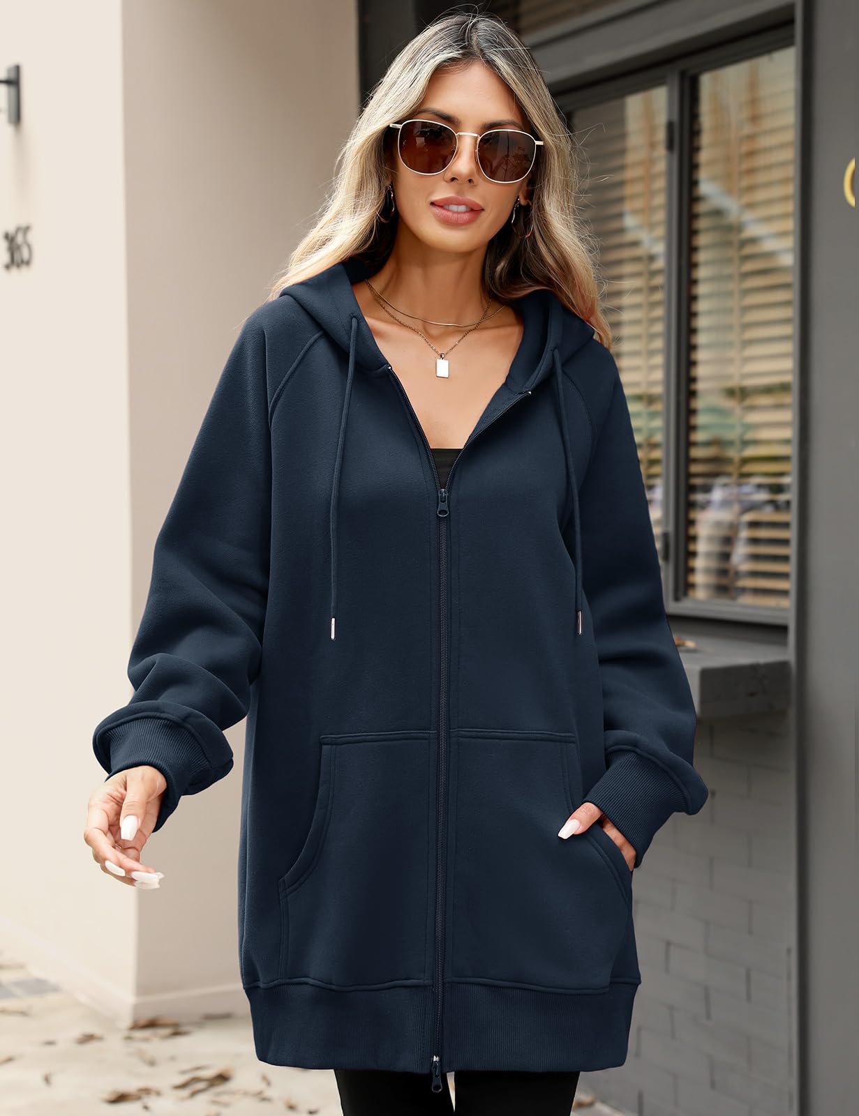 Vancavoo Sudadera Larga Mujer con Capucha y Cremallera Chaqueta Otoño | Sweatshirt Casual, Chaqueta Algodón con Felpa Ligera, Manga Raglán, Cremallera Doble y Bolsillos Laterales