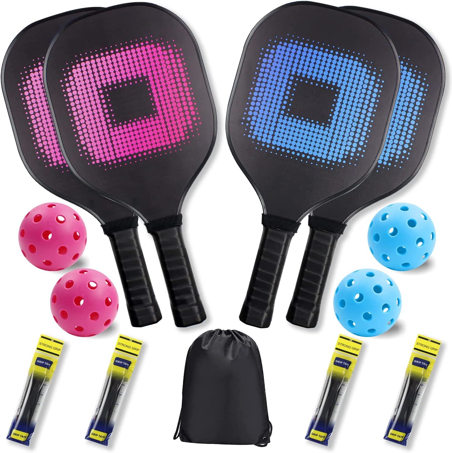 Pickleball Paddles Set of 4, Wooden Pickleball Paddles +4 Pickleballs+4 Grips Tape for Beginner Pickleball Racket Indoor&Outdoor Pickle Gifts for Men Women
