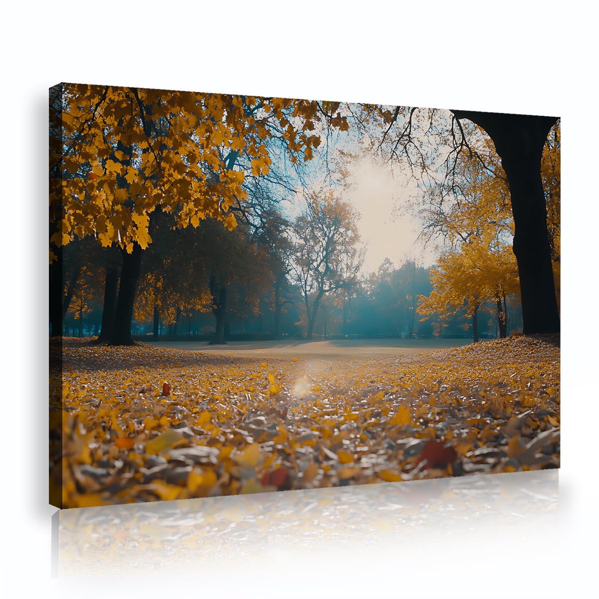 SHENGPOSTER Autumn Park Canvas Wall Art Sunlight Lawn Landscape Painting Golden Fallen Leaves Nature Scenery Wall Art Prints for Living Room Lounge Innerframe 55x80cm