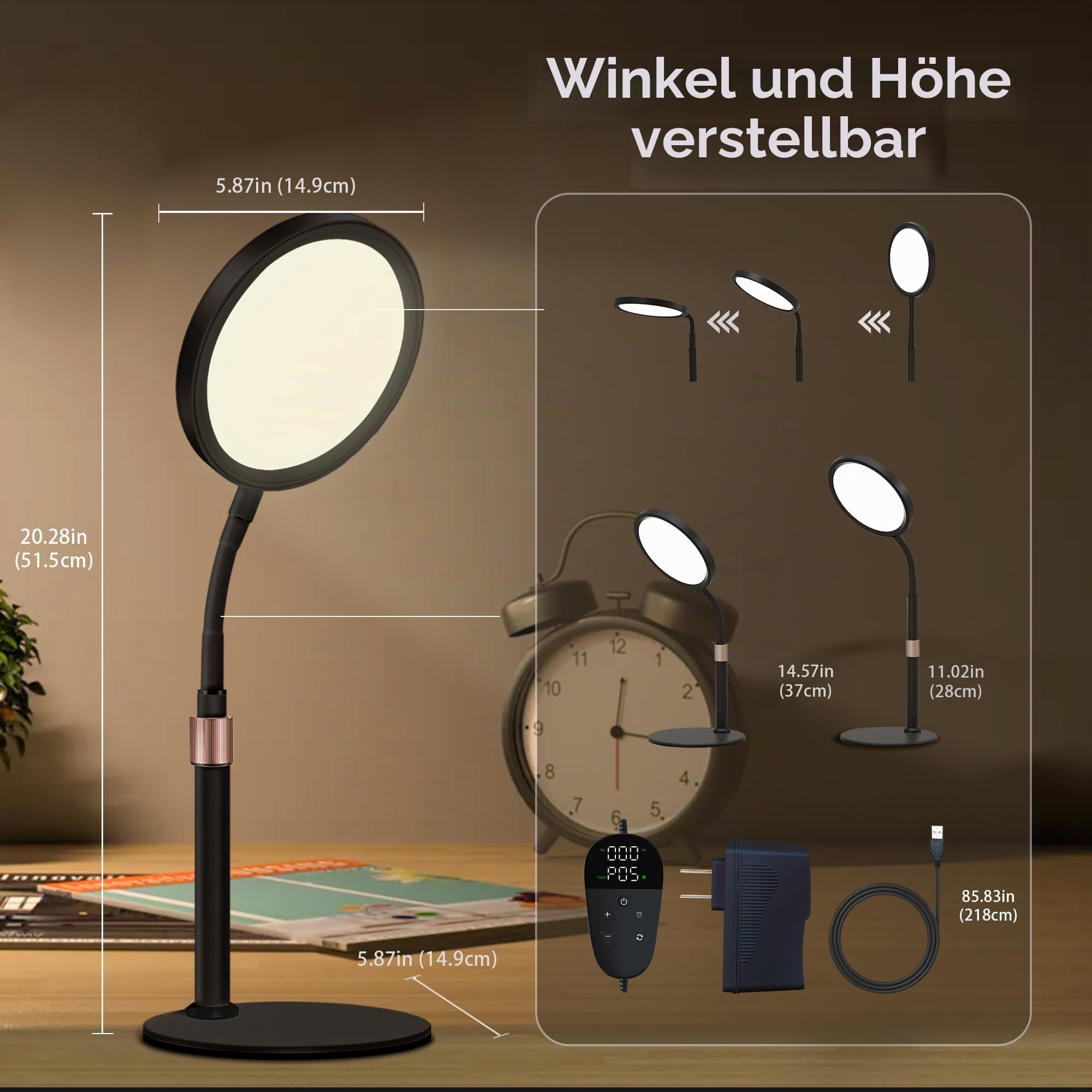 Tageslichtlampe Tageslichtlampen, 10000 Lux Lampe mit 3 Lichtfarben und 9 Einstellbaren Helligkeiten und 3 Timer, Tageslicht Daylight (Schwarz)