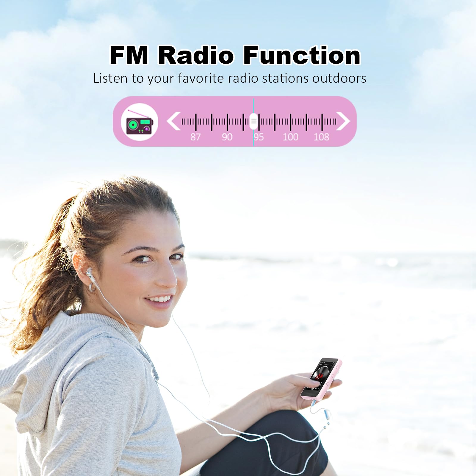 Reproductor de música MP3 con Bluetooth, almacenamiento de 32 GB, pantalla táctil completa, altavoz integrado, radio FM y grabadora de voz, ranura MicroSD (ampliable a 128 GB), incluye auriculares
