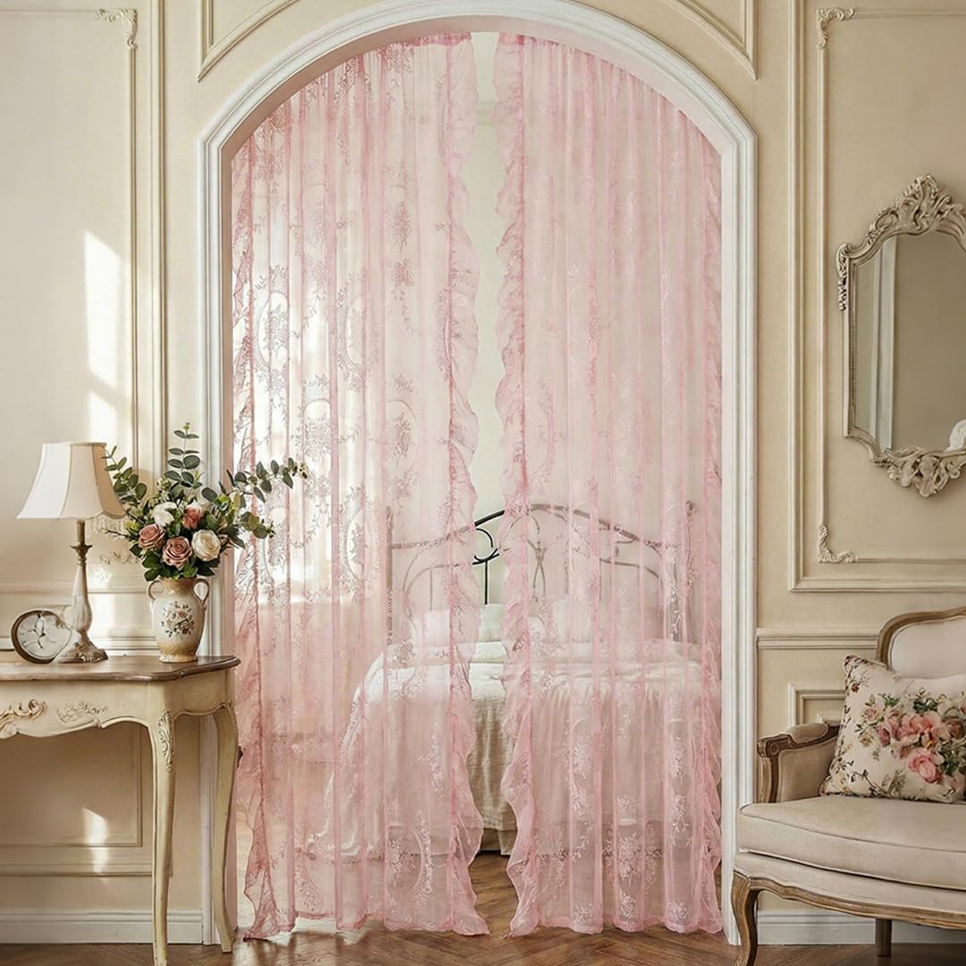 Pink Lace Curtains 63 Inch Length for Bedroom 2 Panels Set Cute Vintage Curtains Sheer Floral Embroidery Ruffled Window Treatment Rod Pocket,52 X 63 Inch,Pink