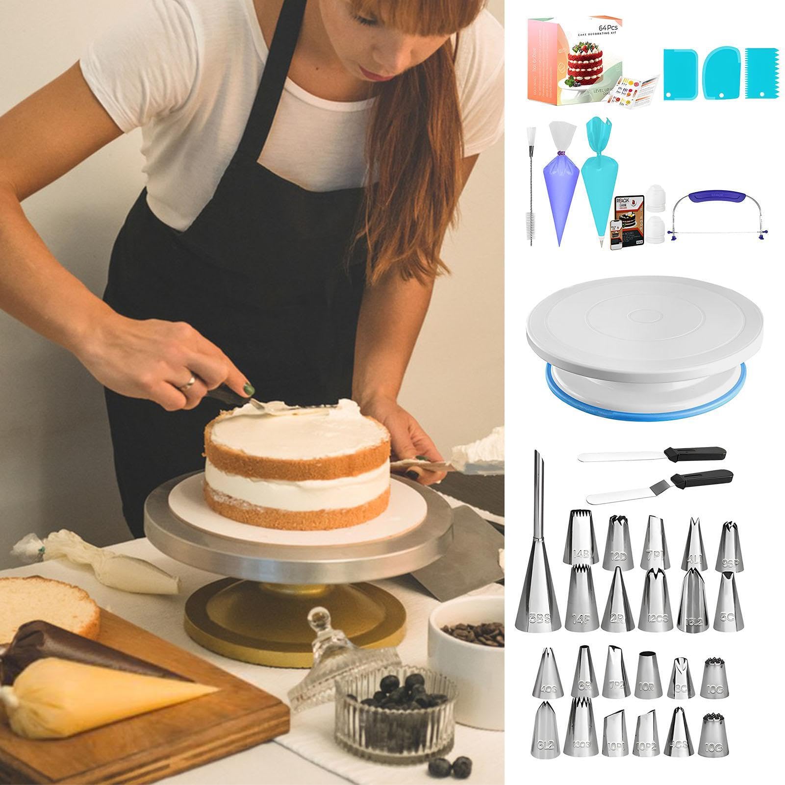 Generisch Kit de decoración de pasteles – 64 herramientas profesionales | con plato giratorio incluido, instrucciones fáciles de principiantes, distribuir eficientemente accesorios para hornear para