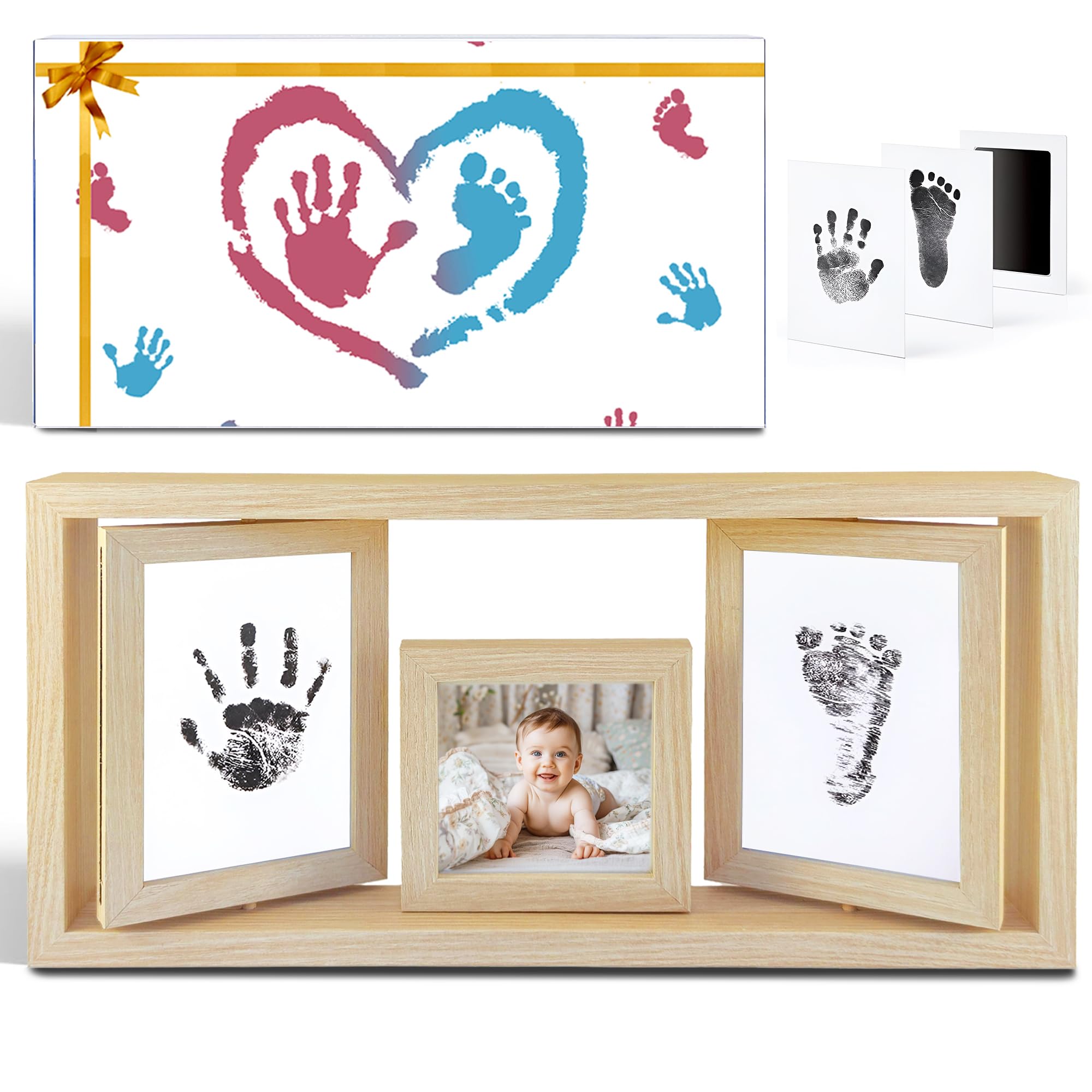 NEOWS Kit Marco de 6 Fotos de Madera Giratorio 360° Huellas Manos y Pies Bebe, Regalo Bebe Recien Nacido Niño Niña, Recuerdo Baby Shower Mama Nacimiento Perro, Almohadilla de Tinta No Tóxica No Mancha