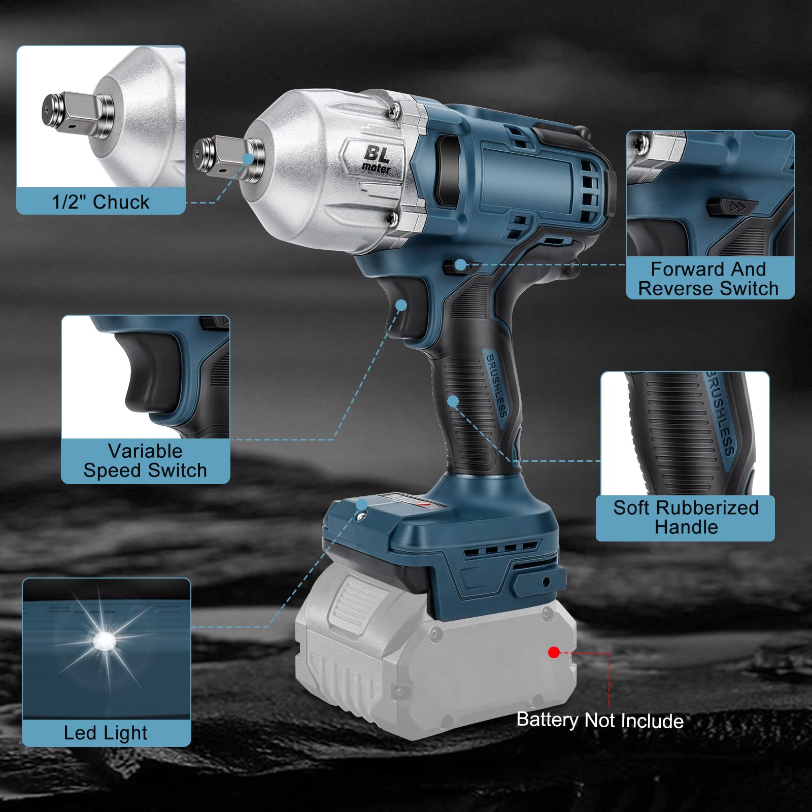 Llave de impacto con batería de 1000 Nm para Bosch Professional 18 V System GBA/GBA ProCORE AMPShare, batería de 18 V, llave de impacto giratoria de 1/2 pulgadas sin escobillas con 6 llaves (sin