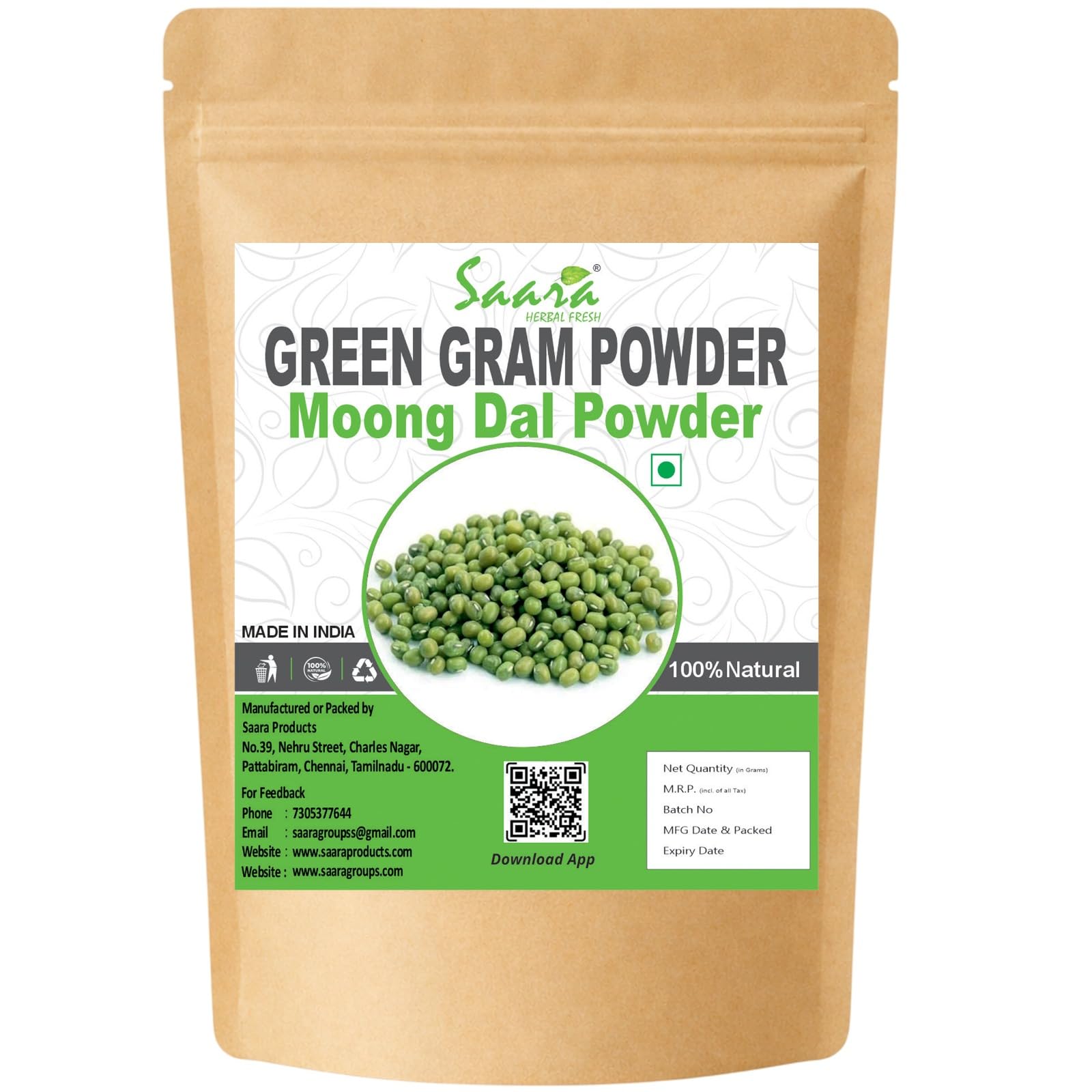 Saara HERBAL FRESH Green Gram Powder,100g, Moong Dal, Pachai Payaru, Mung Bean, Cherupayar, Hesaru Kaalu, Muga Powder,(pack of 1 x 100g)-image-6