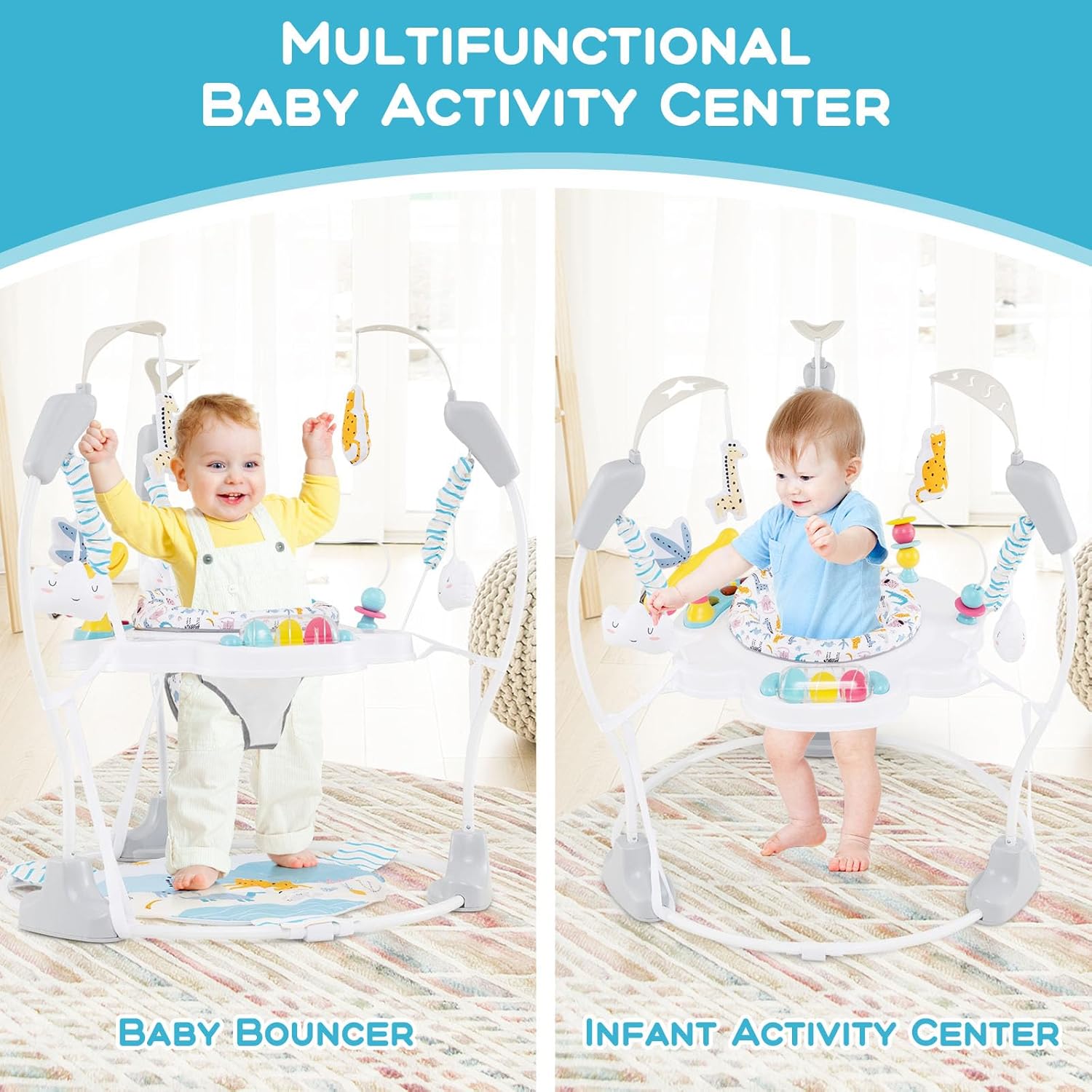 Two babies demonstrating the INFANS Baby Activity Center in bouncer and infant activity center modes.