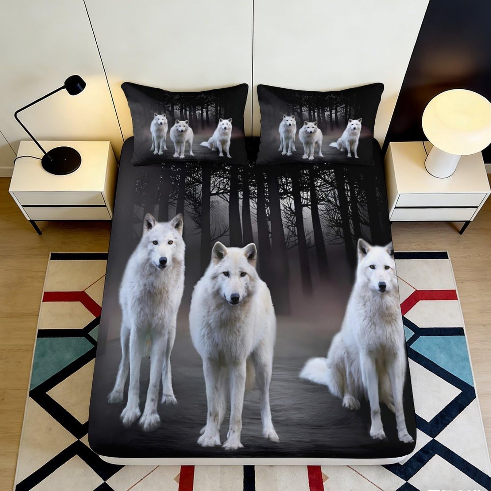 3D Printed White Wolf Fitted Sheet Microfiber Soft Breathable Forest Bed Cover for Bedroom Dormitory Guest Room Mattress Protection Decor 140x200x25cm
