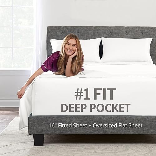 Miniatura 90 de Juego de sábanas de tamaño matrimonial – Juego de sábanas de bolsillo profundo – Juego de 4 piezas con sábana bajera de 21 pulgadas, sábana encimera