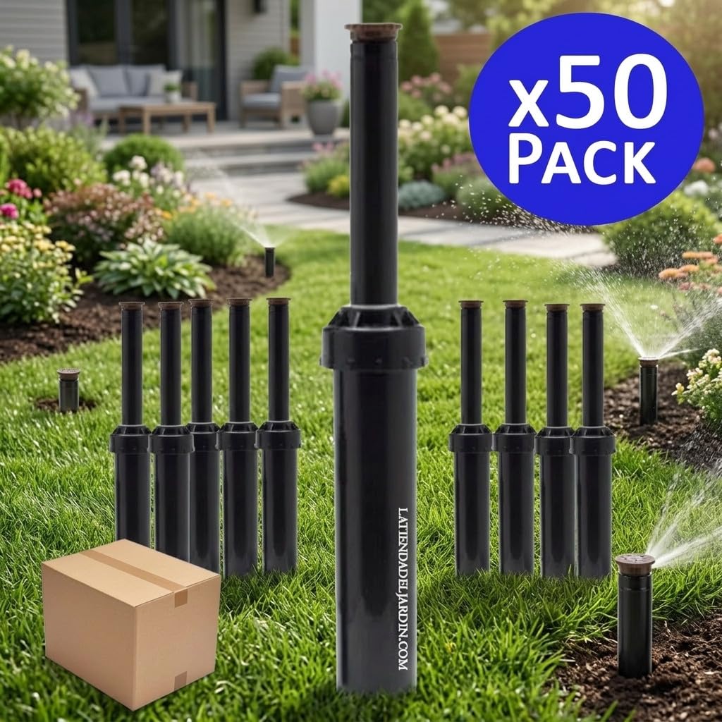 Suinga Pack 50 Difusor de Riego LPS417 | Alcance 5,20 m | Cobertura 0 a 360º | Aspersor con Elevacion 10 cm | Sistema de Riego Eficiente y Uniforme para Jardin y Zonas Verdes