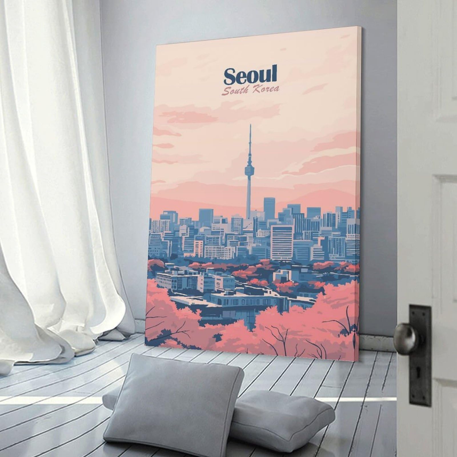 Junmoney Seoul Skyline Illustration Canvas Wall Picture 24x36inch(60x90cm), for Contemporary Homes, Apartments Or Offices, Wall Decor with Flexible Room Appeal